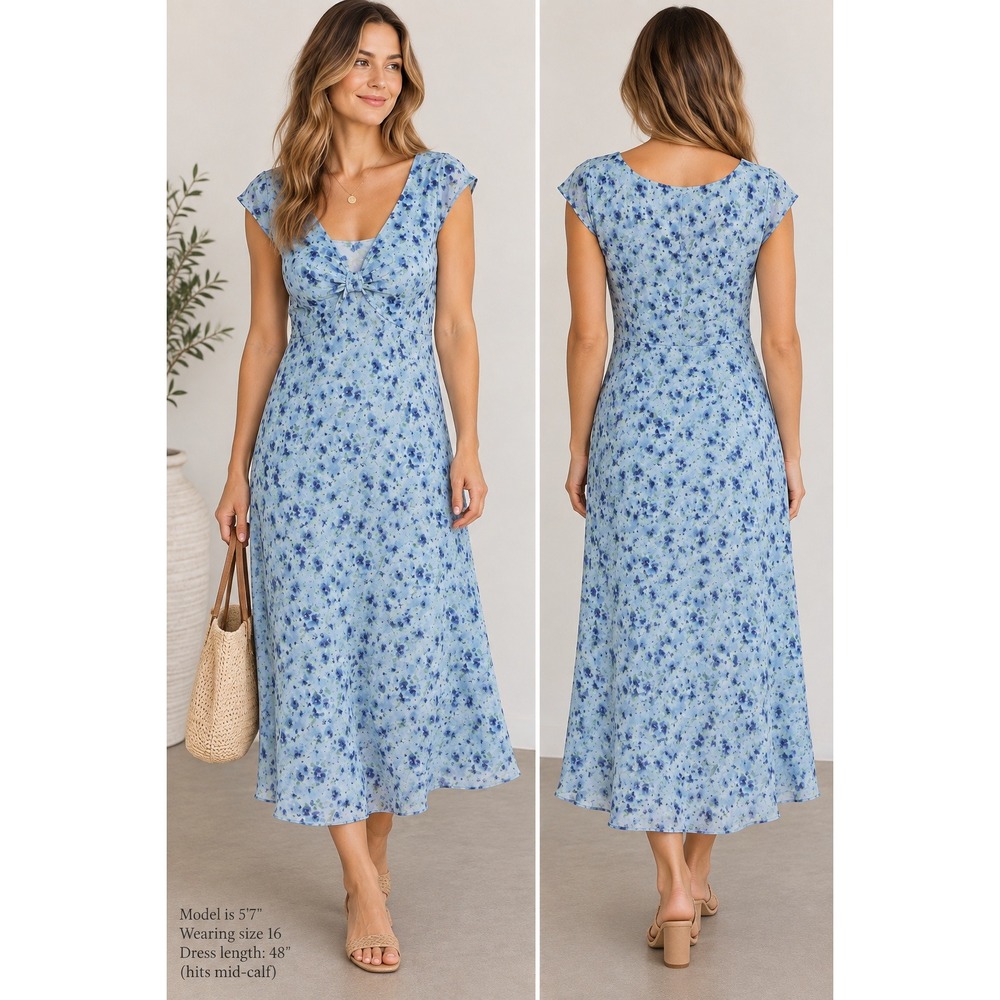 Blue Floral Midi Dress Empire Waist Cottagecore Romantic Coquette 90s Size 16